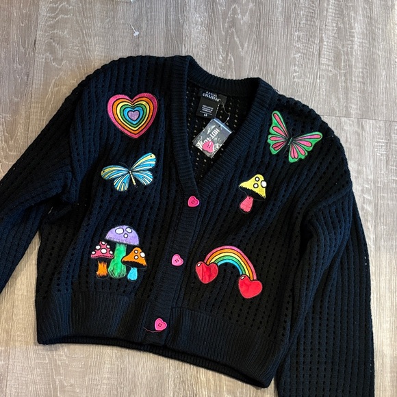 Dolls Kill Black Cardigan with Colorful Embroidery - Picture 2 of 5